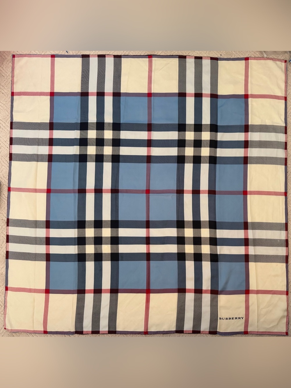 Burberry silk scarf in Light Blue Plaid Throw with Cream, Black & Red Accents